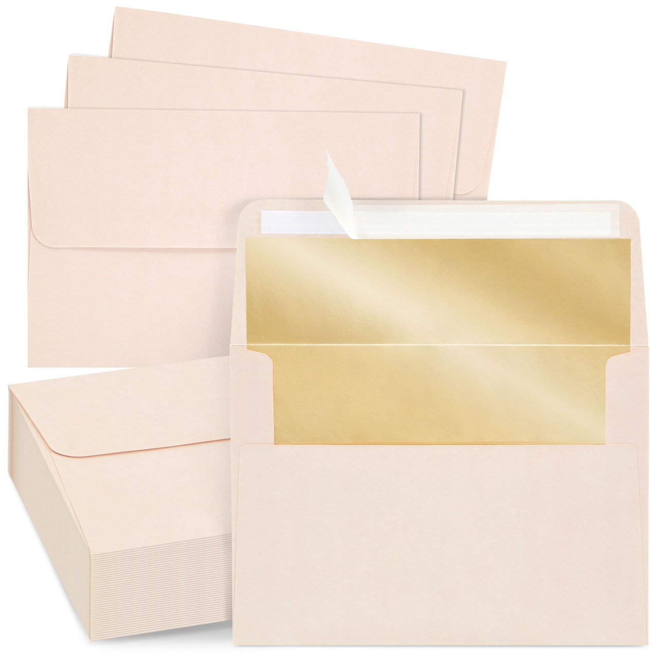 50 Pack Blush Pink 5x7 Envelopes for Invitations, Wedding, A7 Size with Bronze Lining and Self Adhesive Peel and Stick